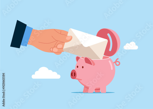 Hand takes out an envelope with from an piggy bank. Flat vector illustration