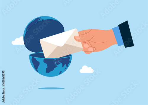 Hand businessman takes out an envelope with a notification from an open globe. Flat vector illustration