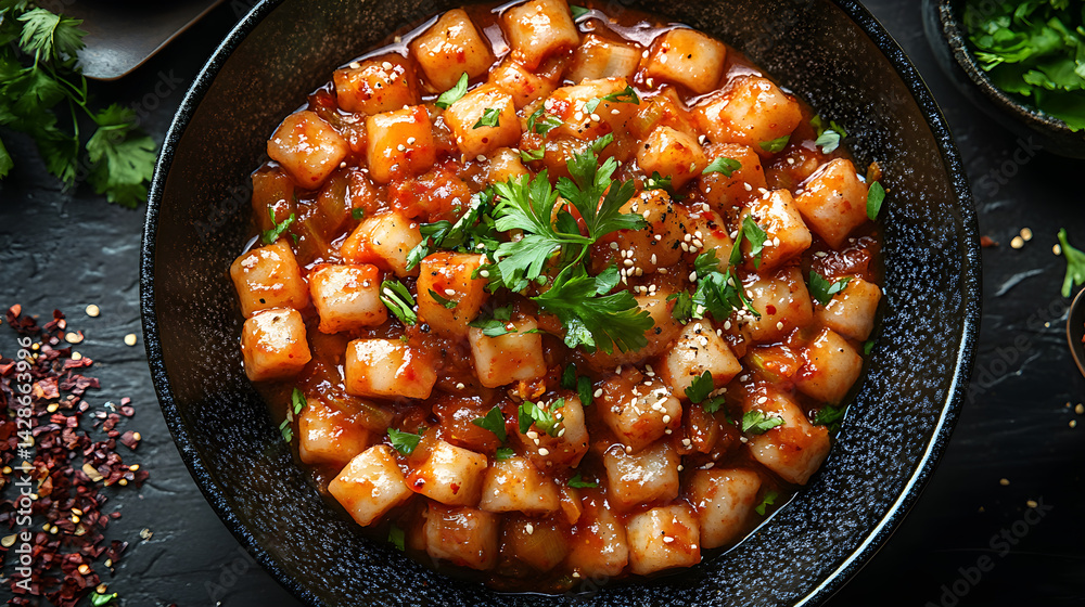 Kimchi Stew served on dark grey textured plate with fresh garnish top view