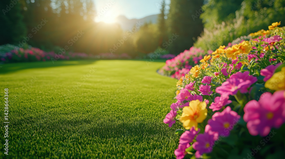 Obraz premium lush and vibrant garden filled with colorful flowers, showcasing perfectly manicured lawn under warm sunlight. scene evokes sense of tranquility and natural beauty