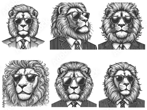 Lion businessman in sunglasses and suit Set collection bundle sketch engraving generative ai vector illustration. Scratch board imitation. Black and white image.