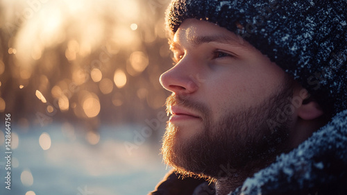 a man looking away with a winter background