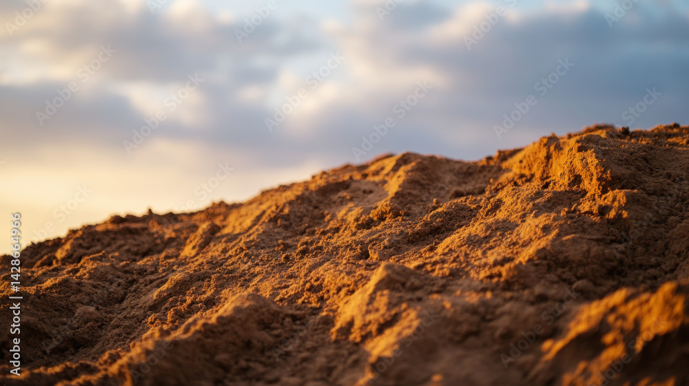 Fototapeta premium close up view of dirt on hill, showcasing texture and natural colors of soil under cloudy sky. warm light creates serene atmosphere, highlighting beauty of nature