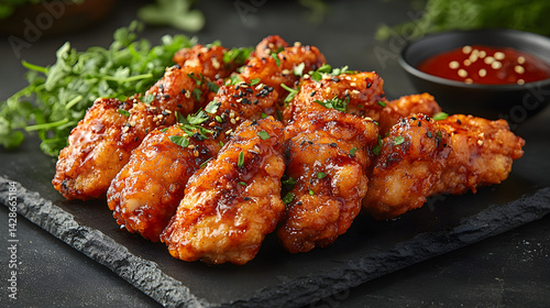 Obraz na płótnie Korean Fried Chicken presented on a black textured surface with elegant side garnishing w salonie