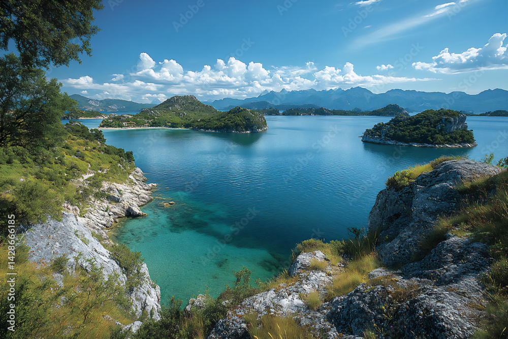 calm bay with small islands and gentle blue sea, calm bay with small islands and gentle blue sea,