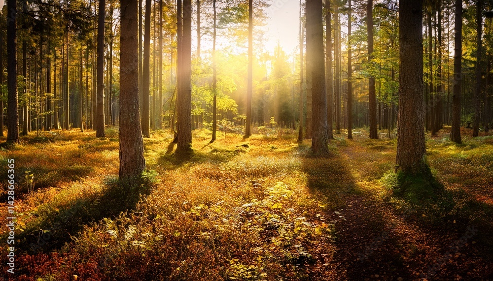 Obraz premium wald panorama im goldenen sonnenschein