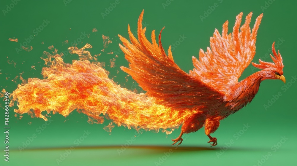Colorful Phoenix Spreading Flames Against Green Background