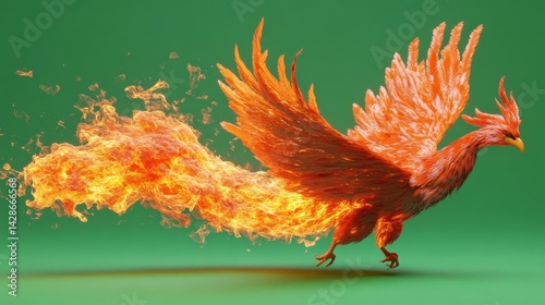 Obraz na płótnie Colorful Phoenix Spreading Flames Against Green Background w salonie