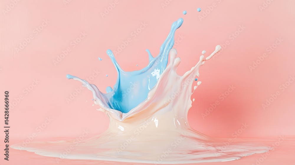 Colorful Splash of Blue and White Liquid on Pink Background