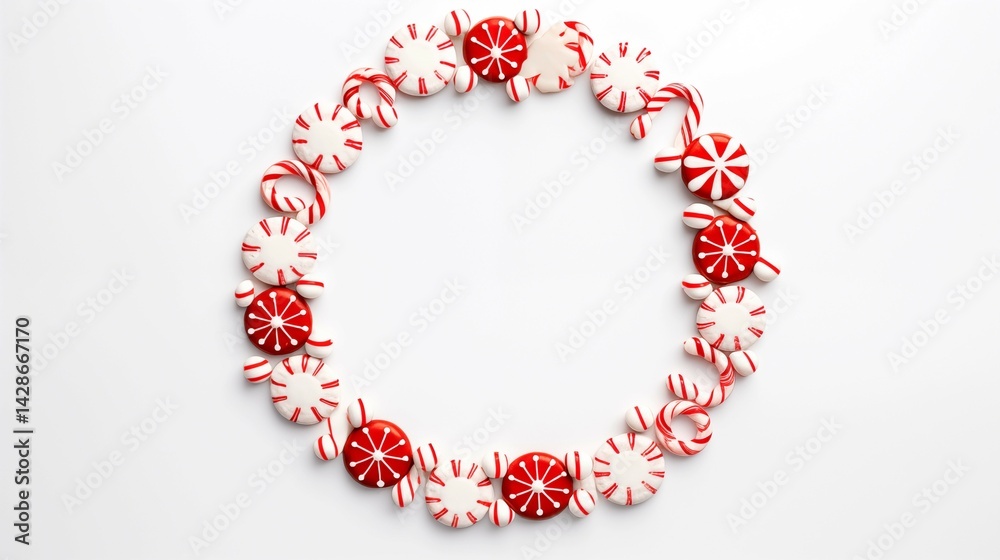 Obraz premium Christmas: Christmas cookies, red licorice, and peppermints arranged in a perfect circula