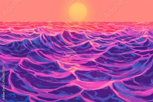Colorful Sunset Over Vibrant Ocean Waves in Shades of Pink and Purple