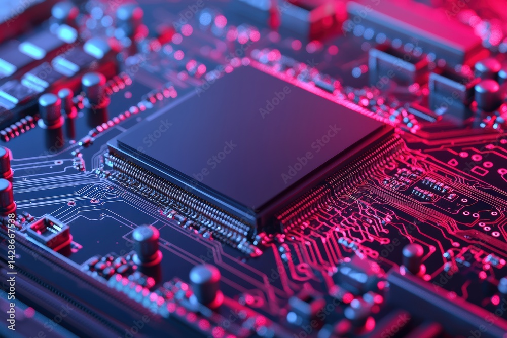 Obraz premium Futuristic cpu computing power: circuit board illuminating technological advancement