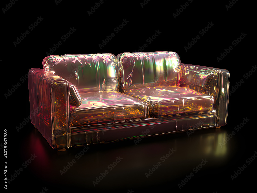 Fototapeta premium Elegant Transparent Sofa with Holographic Reflection in Dark Studio Setting