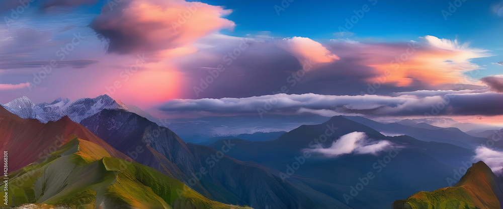 Dazzling Rainbow-hued clouds in a colorful sky above a vibrant mountain landscape Dazzling Rainbow-hued clouds in a colorful sky above a vibrant mountain landscape