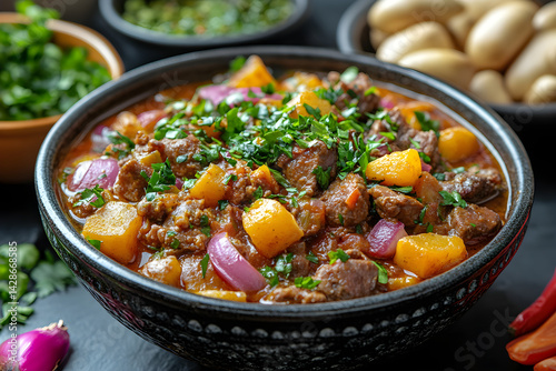Obraz na płótnie Lamb Tagine styled on rustic black stone table with side ingredients w salonie