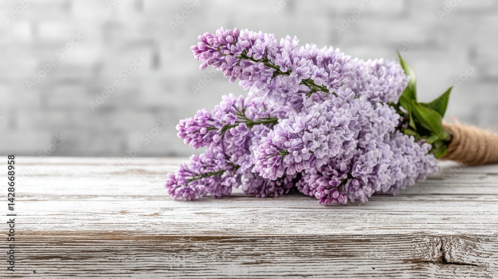 Fototapeta premium Beautiful lilac flowers arranged on rustic wooden surface with a soft gray background