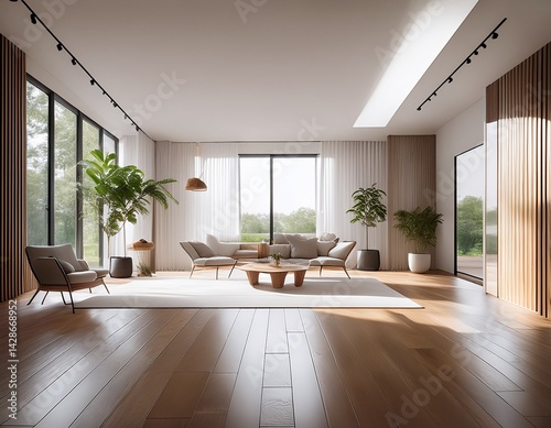 a 3d depiction of a large minimalist scandinavian room showcasing a wooden floor vast white walls and serene interior design influenced by nordic aesthetics