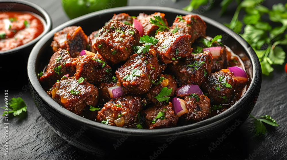 Lamb Vindaloo presented on a black textured surface with elegant side garnishing