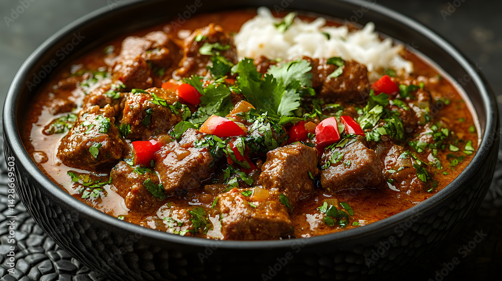 Lamb Vindaloo presented on a black textured surface with elegant side garnishing