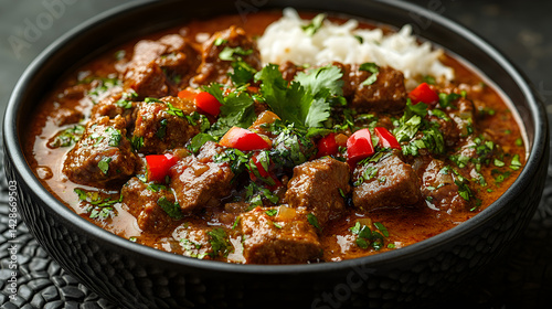 Lamb Vindaloo presented on a black textured surface with elegant side garnishing