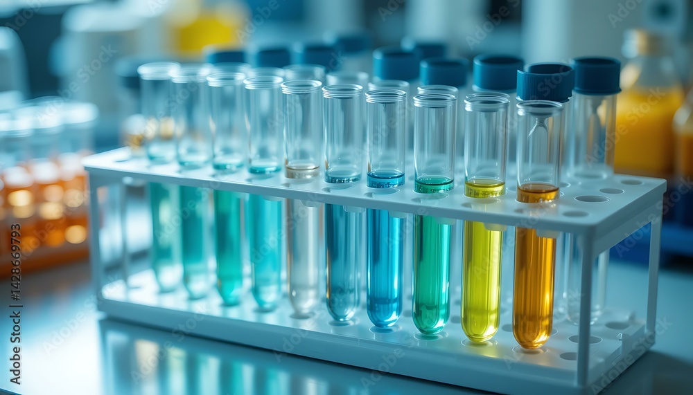 Colorful Test Tubes in Lab Rack: Medical Research & Science Experiments Colorful Test Tubes in Lab Rack: Medical Research & Science Experiments