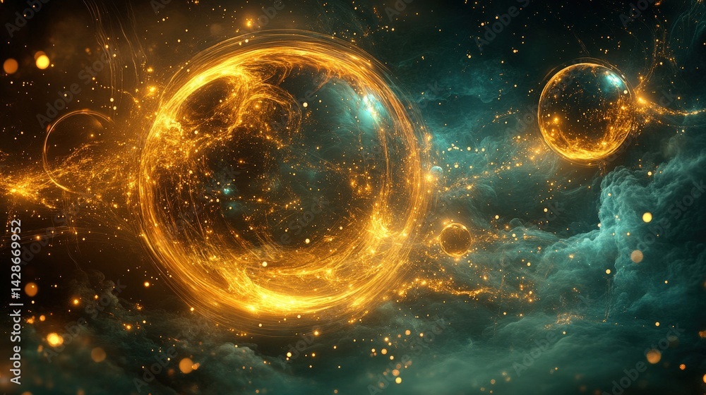 Cosmic Journey Through Vibrant Golden Nebula and Floating Orbs