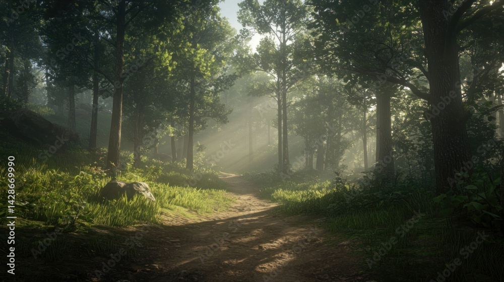 Fototapeta premium Sunlit Forest Path: A Mystical Morning Walk