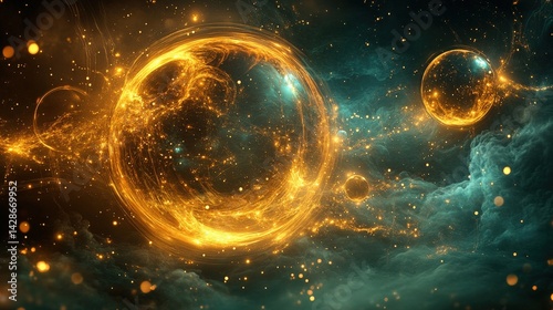 Obraz na płótnie Cosmic Journey Through Vibrant Golden Nebula and Floating Orbs w salonie