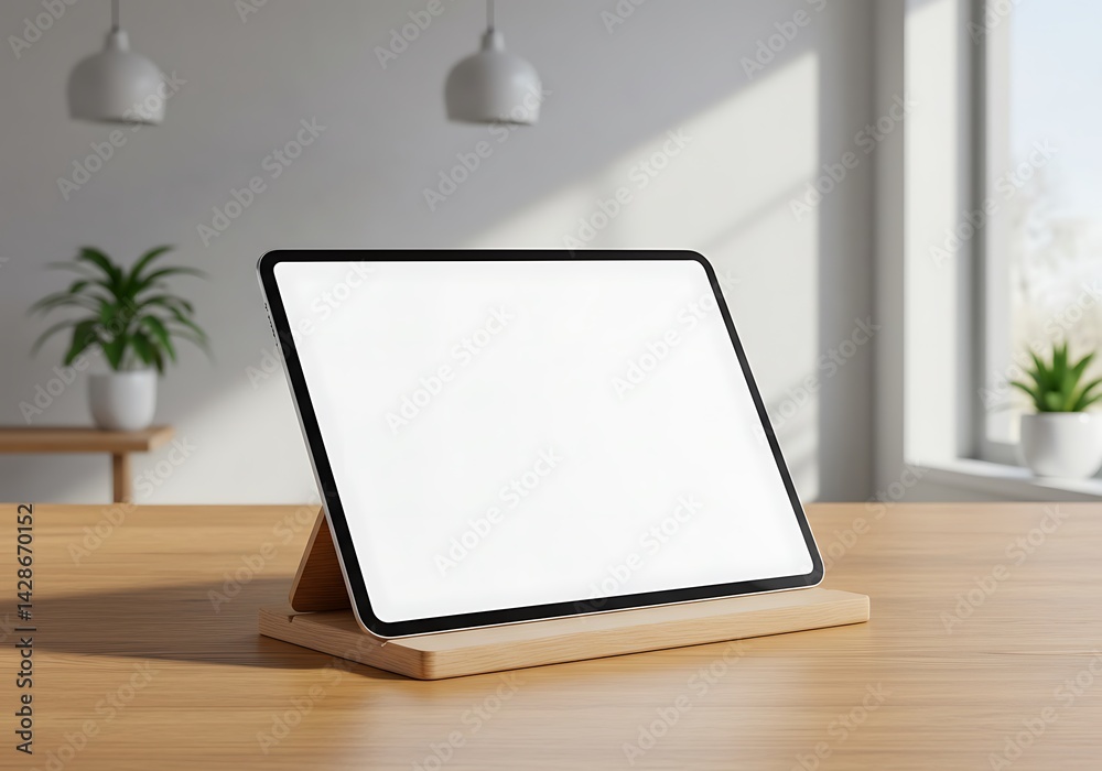 Fototapeta premium Tablet screen with white space, supported on a wooden table stand in a cozy and modern environment, ideal for application mockups.