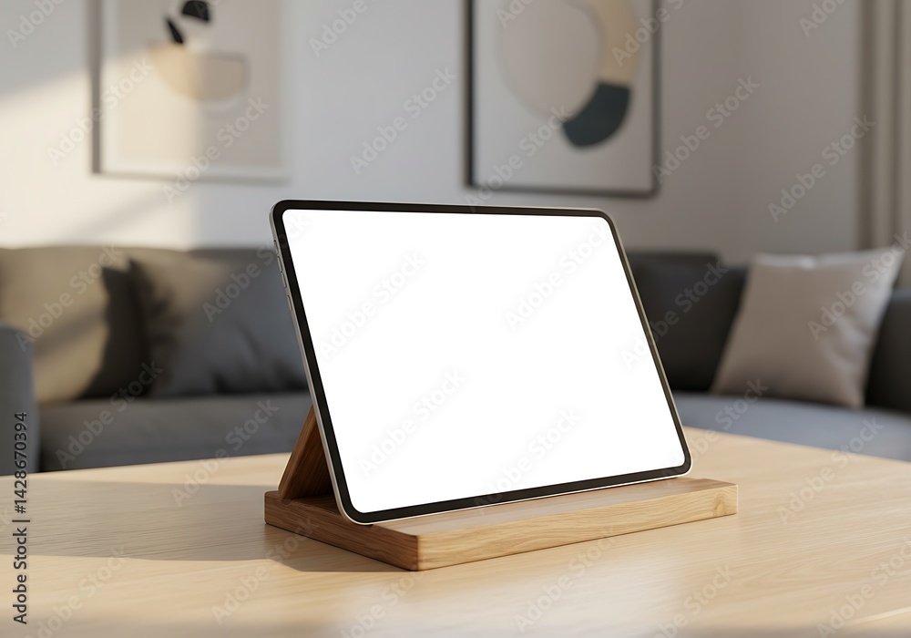 Tablet screen with white space, supported on a wooden table stand in a cozy and modern environment, ideal for application mockups. Tablet screen with white space, supported on a wooden table stand in a cozy and modern environment, ideal for application mockups.