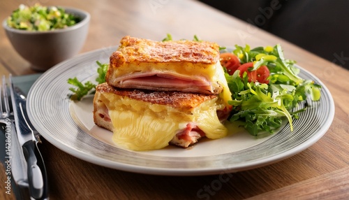 a beautifully plated croque monsieur with layers of ham and melted cheese served with a small salad french bistro style photo