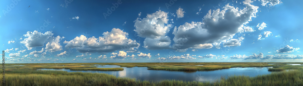 Obraz premium expansive sky with low clouds over wide wetlands,