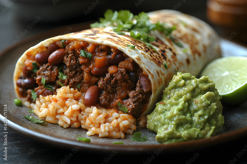 Large beef burrito filled with beans, rice, and guacamole on a plate