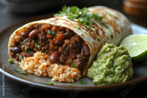 Large beef burrito filled with beans, rice, and guacamole on a plate