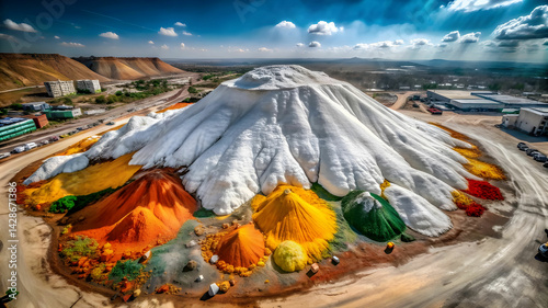 Arial view of a white mountain with multicolor powder scattered around