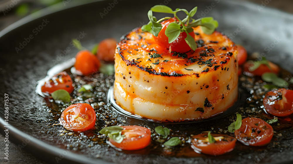 Lasagna served on dark grey textured plate with fresh garnish top view