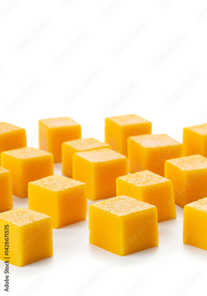 Vibrant yellow mango cubes neatly arranged against a bright, clean white backdrop. Vibrant yellow mango cubes neatly arranged against a bright, clean white backdrop.