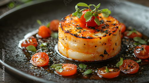 Lasagna served on dark grey textured plate with fresh garnish top view
