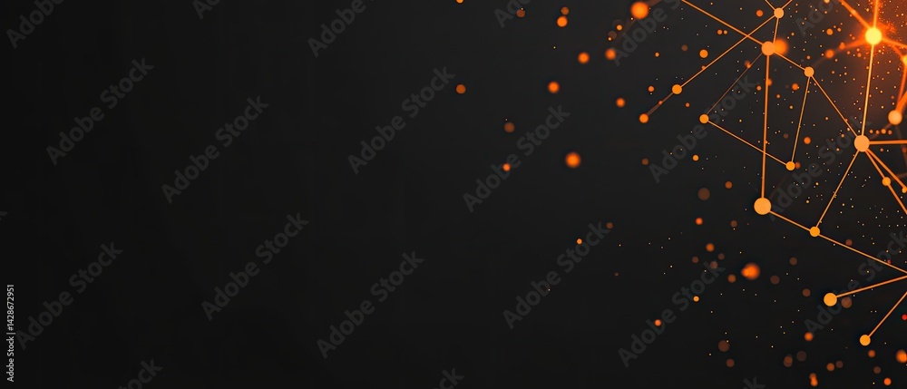 Fototapeta premium Abstract dark background with glowing orange lines and dots connecting to create a network.