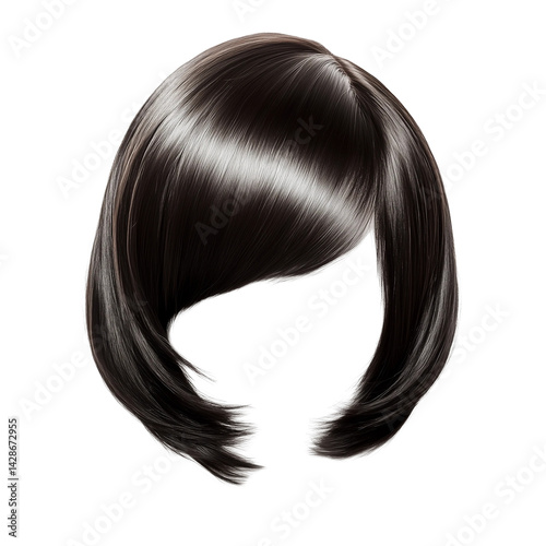 Dark brown hair wig on white background,flat lay arrangement,clipart,PNG,transparent background.