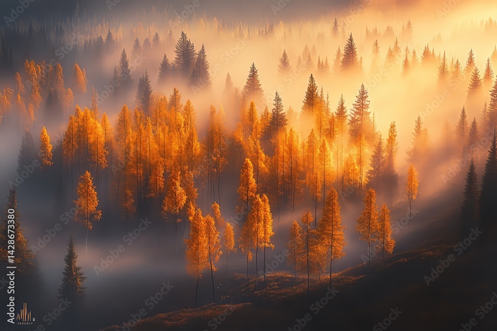 Golden autumn sunrise illuminates a misty forest, creating a magical, serene atmosphere Golden autumn sunrise illuminates a misty forest, creating a magical, serene atmosphere