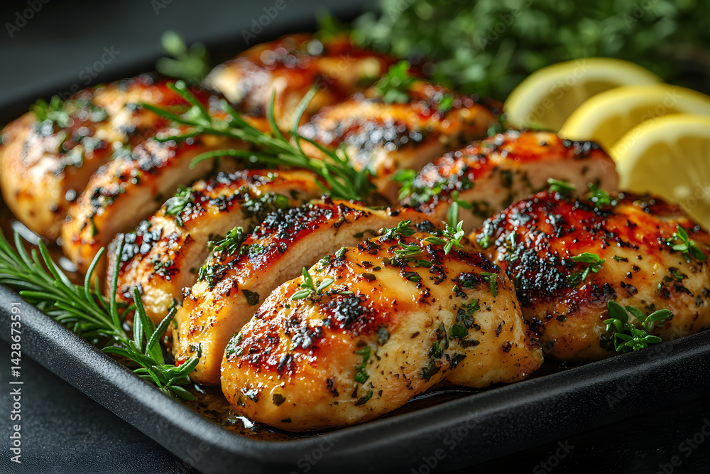 Lemon Herb Chicken styled on dark grey background with clean plating and props