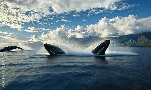 Three humpback whales breaching the ocean surface near a lush green coastline under a cloudy sky
