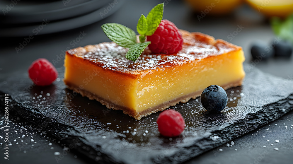 Lemon Tart presented on a black textured surface with elegant side garnishing