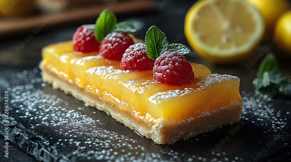 Lemon Tart presented on a black textured surface with elegant side garnishing