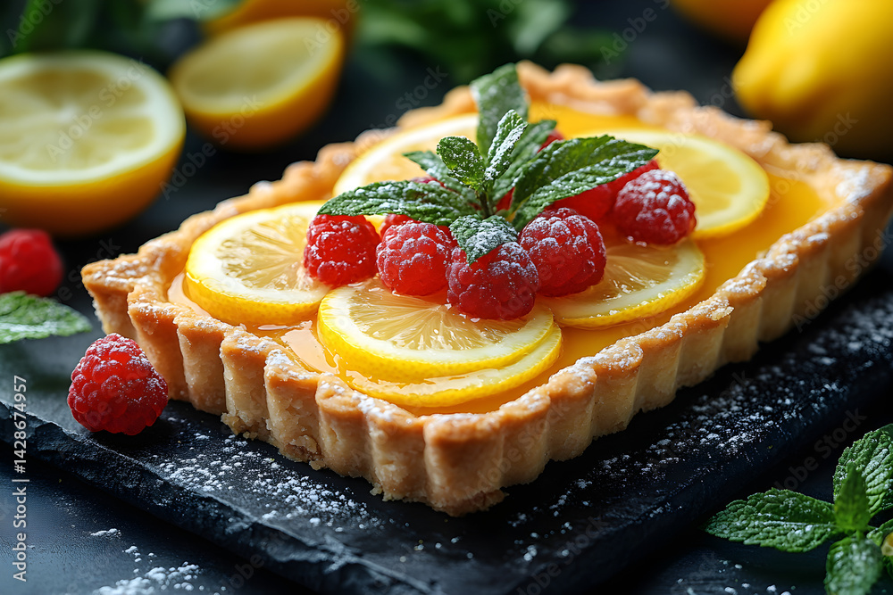 Lemon Tart styled on dark grey background with clean plating and props