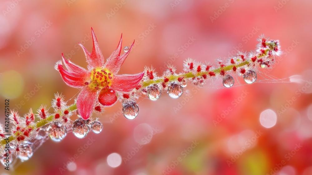 Delicate Red Flower with Water Droplets on Green Stem in Focus