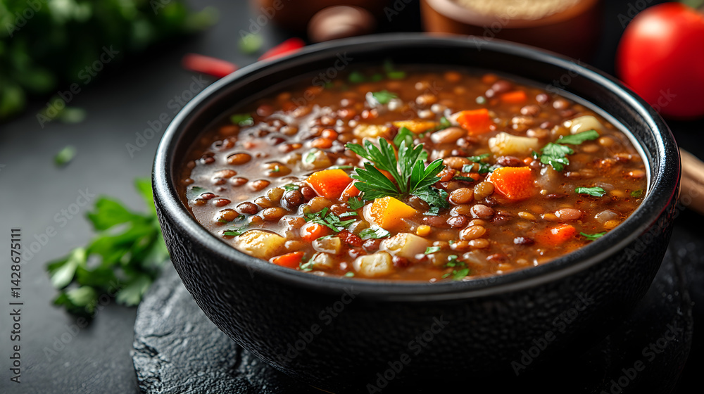 Lentil Soup presented on a black textured surface with elegant side garnishing