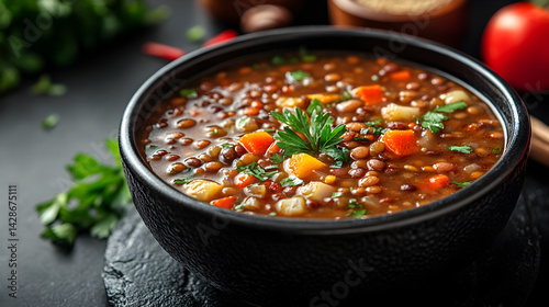 Obraz na płótnie Lentil Soup presented on a black textured surface with elegant side garnishing w salonie