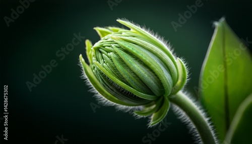 a close up of a budding green flower with fine intricate textures and soft focus on a dark background